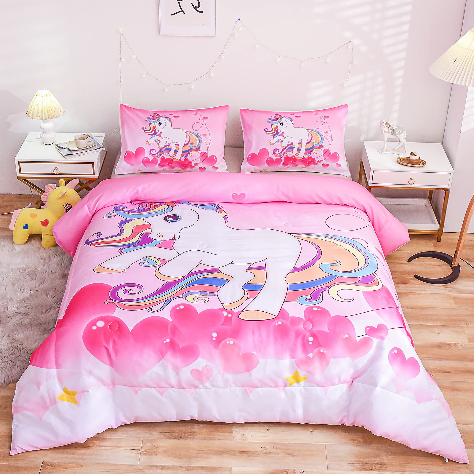 PHANTASIM Unicorn Bedding Twin Bedding Sets for Girls-3 Pieces Unicorn Kids Rainbow Comforter Set Twin Soft Brushed Microfiber Kids Twin Comforter Set for Girls Boys with 2 Pillowcase All-Season