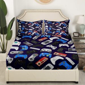Erosebridal Gamer Fitted Sheet Twin Size Gaming Bed Set Boys Gamepad Bed Cover for Kids Teens Juvenile Retro Video Games Bedding Set for Living Room Dorm Decorative, Blue (No Flat Sheet)