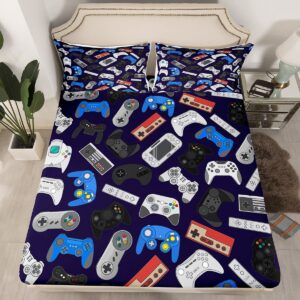 Erosebridal Gamer Fitted Sheet Twin Size Gaming Bed Set Boys Gamepad Bed Cover for Kids Teens Juvenile Retro Video Games Bedding Set for Living Room Dorm Decorative, Blue (No Flat Sheet)