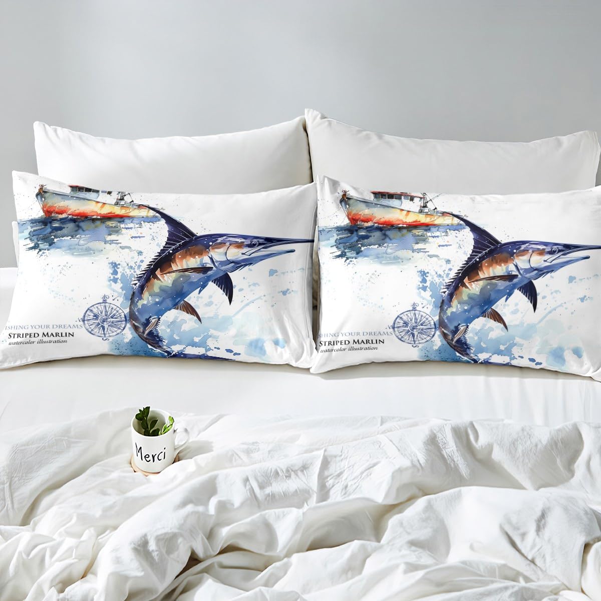 Marlin Swordfish Comforter Cover Tie Dye Duvet Cover Sets Hunting And Fishing Bedding Set For Kids Boys Girls Sea Fishing Boat Marine life Nautical Quilt Cover With 2 Pillow Cases Queen Size Blue