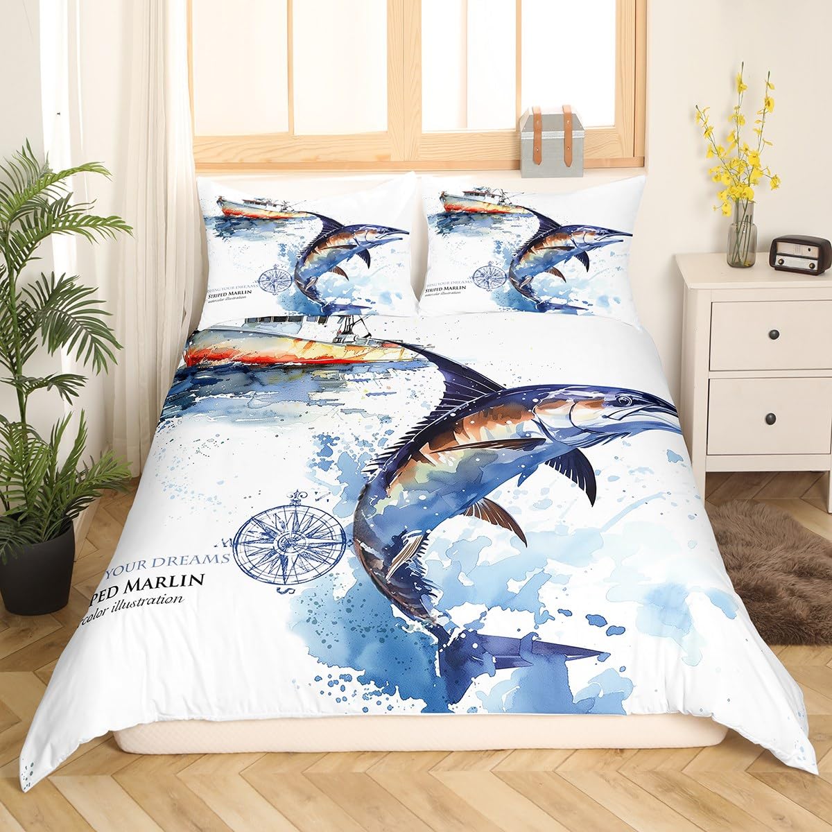 Marlin Swordfish Comforter Cover Tie Dye Duvet Cover Sets Hunting And Fishing Bedding Set For Kids Boys Girls Sea Fishing Boat Marine life Nautical Quilt Cover With 2 Pillow Cases Queen Size Blue