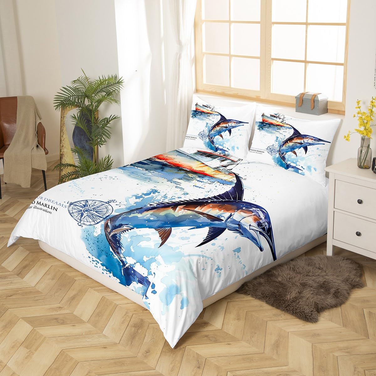 Marlin Swordfish Comforter Cover Tie Dye Duvet Cover Sets Hunting And Fishing Bedding Set For Kids Boys Girls Sea Fishing Boat Marine life Nautical Quilt Cover With 2 Pillow Cases Queen Size Blue