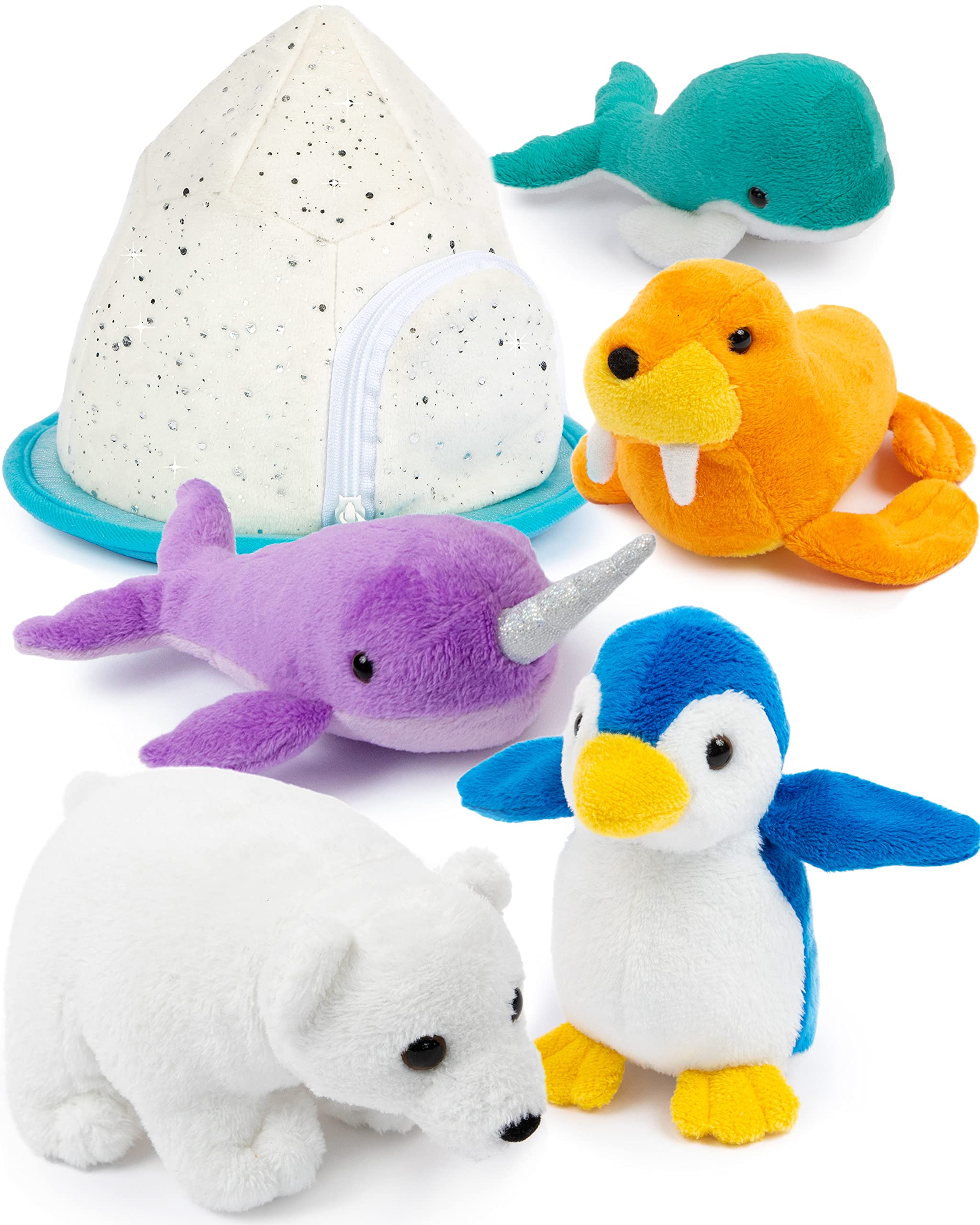 PREXTEX Stuffed Animal with Babies Inside - Five Small Plush Christmas Stuffed Animal House - Penguin Toy, Polar Bear Plush, Whale, Narwhal, Walrus, Toy Igloo - Artic Stuffed Animals for Girls/Boys