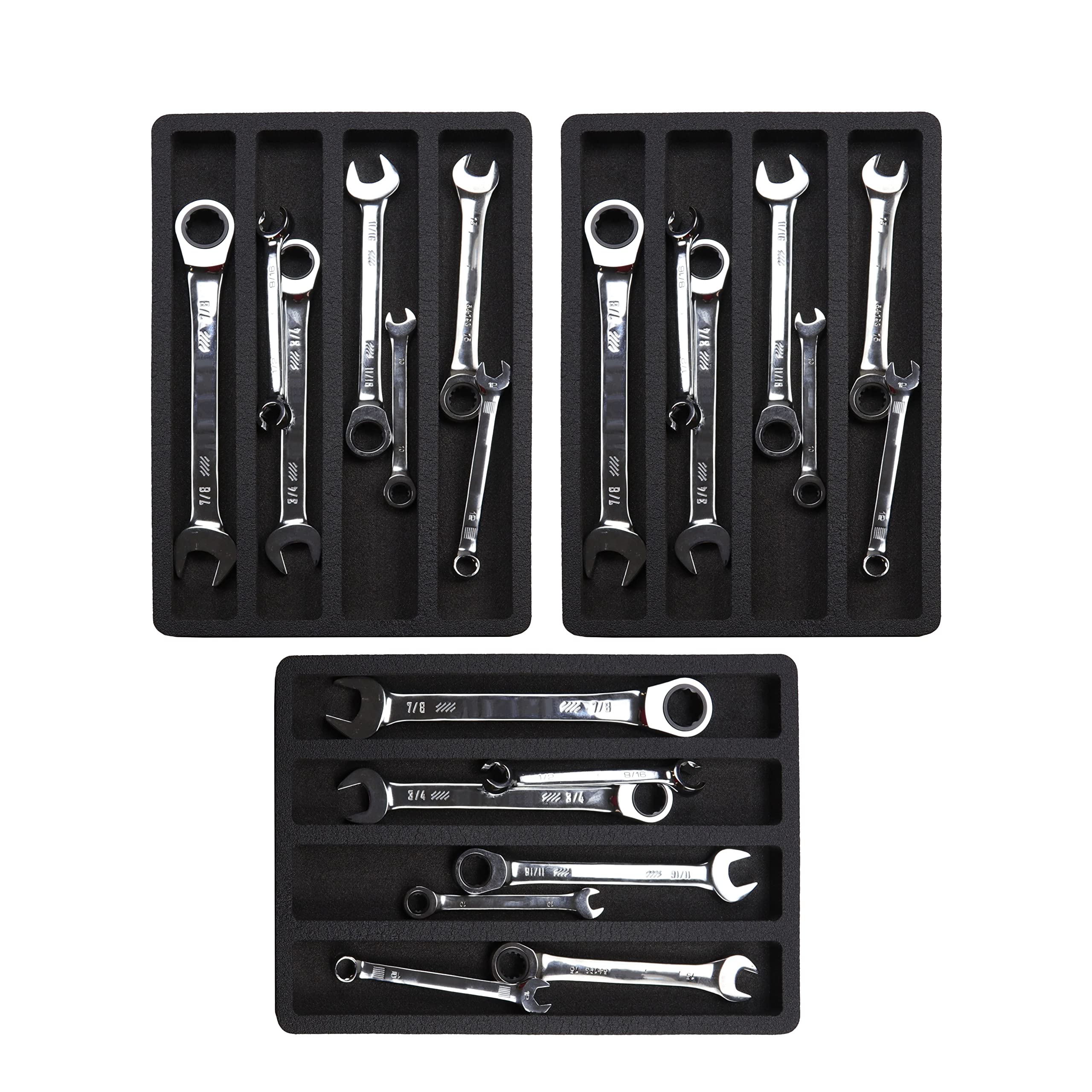 Polar Whale Tool Drawer Organizer 3-Piece Wrench Insert Set 4 Pockets Black Durable Foam Holds Many Tools 15 x 10 Inch Trays Fits Craftsman Husky Kobalt Milwaukee Many Others