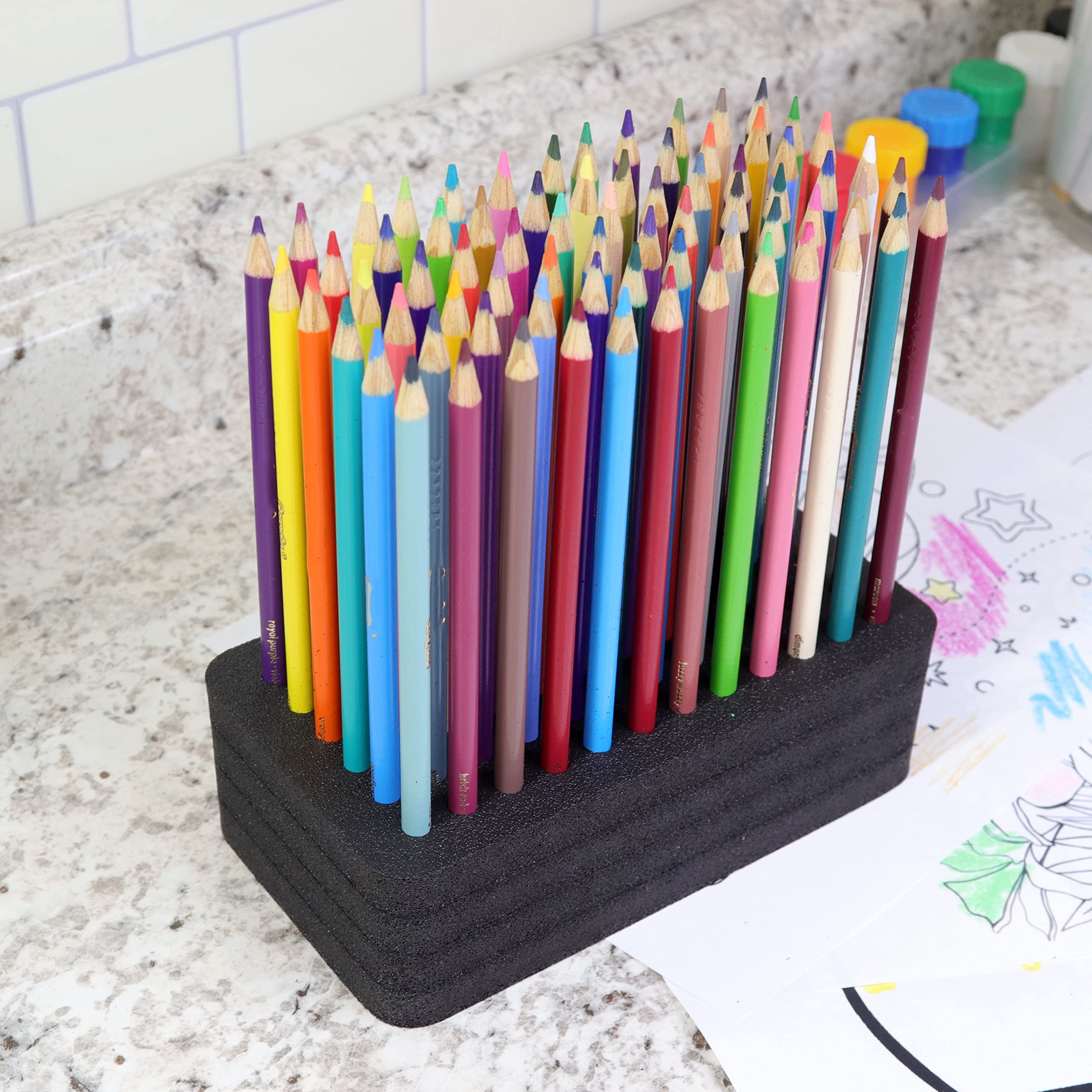 Polar Whale Colored Pencil Desk Stand Organizer Compatible with Crayola and Others Design Storage Tray Supply Non-Scratch Non-Rattle Washable Durable Black Foam Holds 72