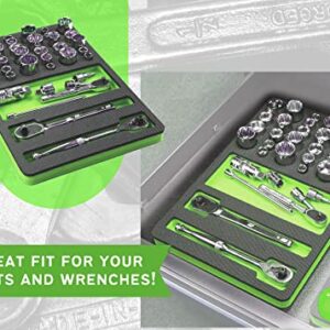 Polar Whale Tool Drawer Organizer Socket Holder Insert Green and Black Durable Foam Strong Tray 15 x 10 Inches Holds 30 Sockets and More Fits Craftsman Husky Kobalt Milwaukee and Many Others