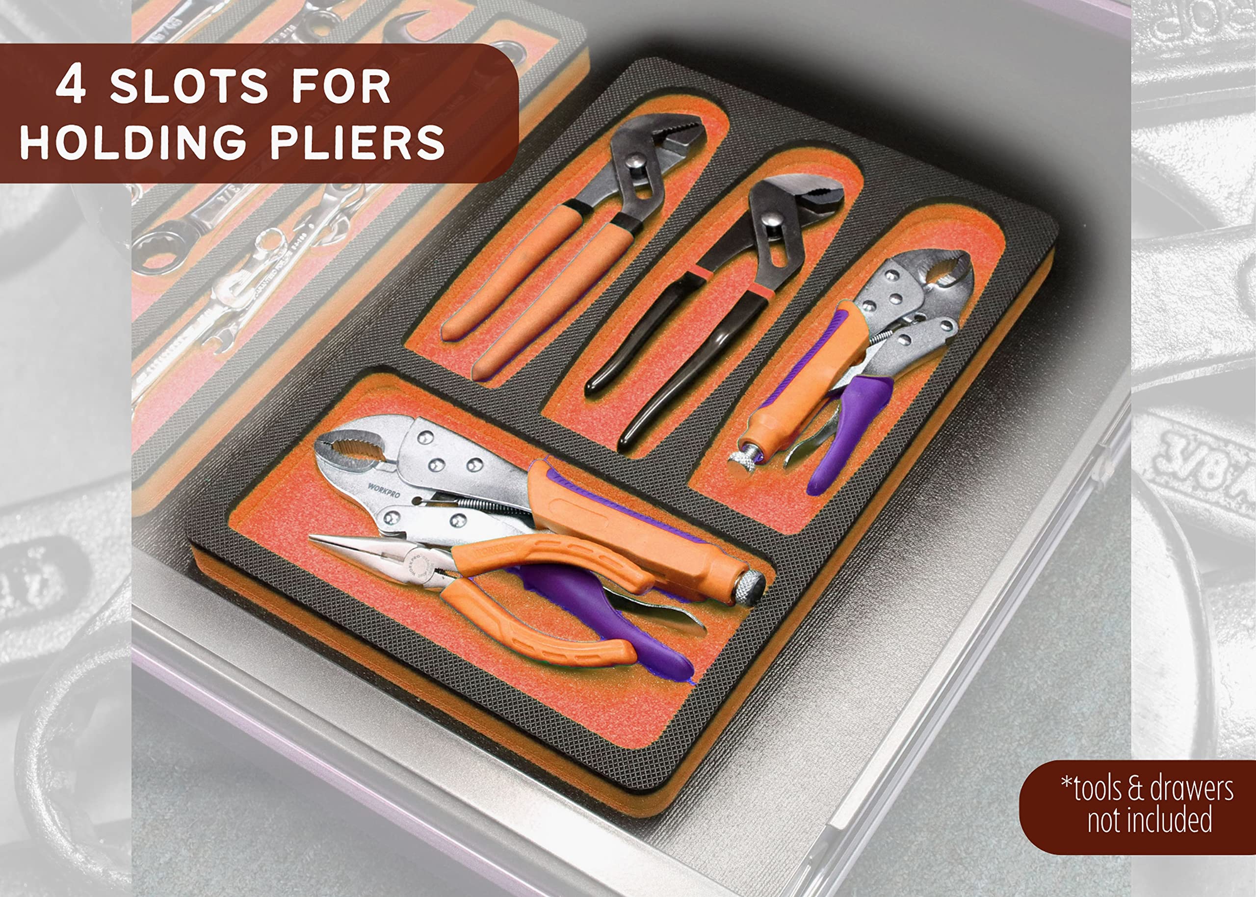 Polar Whale Tool Drawer Organizer Pliers Holder Insert Orange and Black Durable Foam Tray 15 x 10 Inches 4 Pockets Holds 3 Pliers Up To 9 Inches Long Fits Craftsman Husky Kobalt Milwaukee Many Others