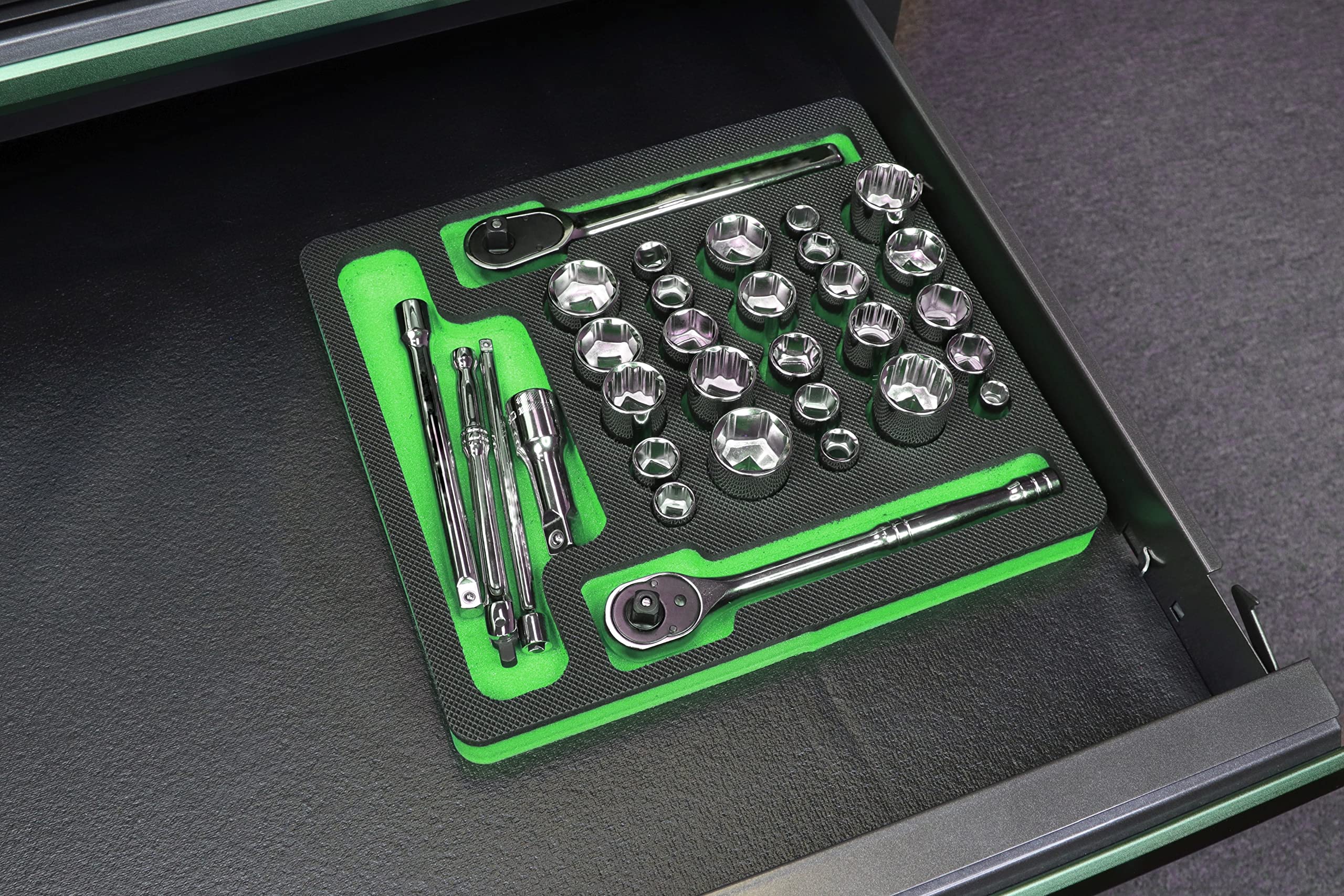 Polar Whale Tool Drawer Organizer Socket Holder Insert Green and Black Durable Foam Strong Tray Holds 25 Sockets and More Fits Craftsman Husky Kobalt Milwaukee and Many Others