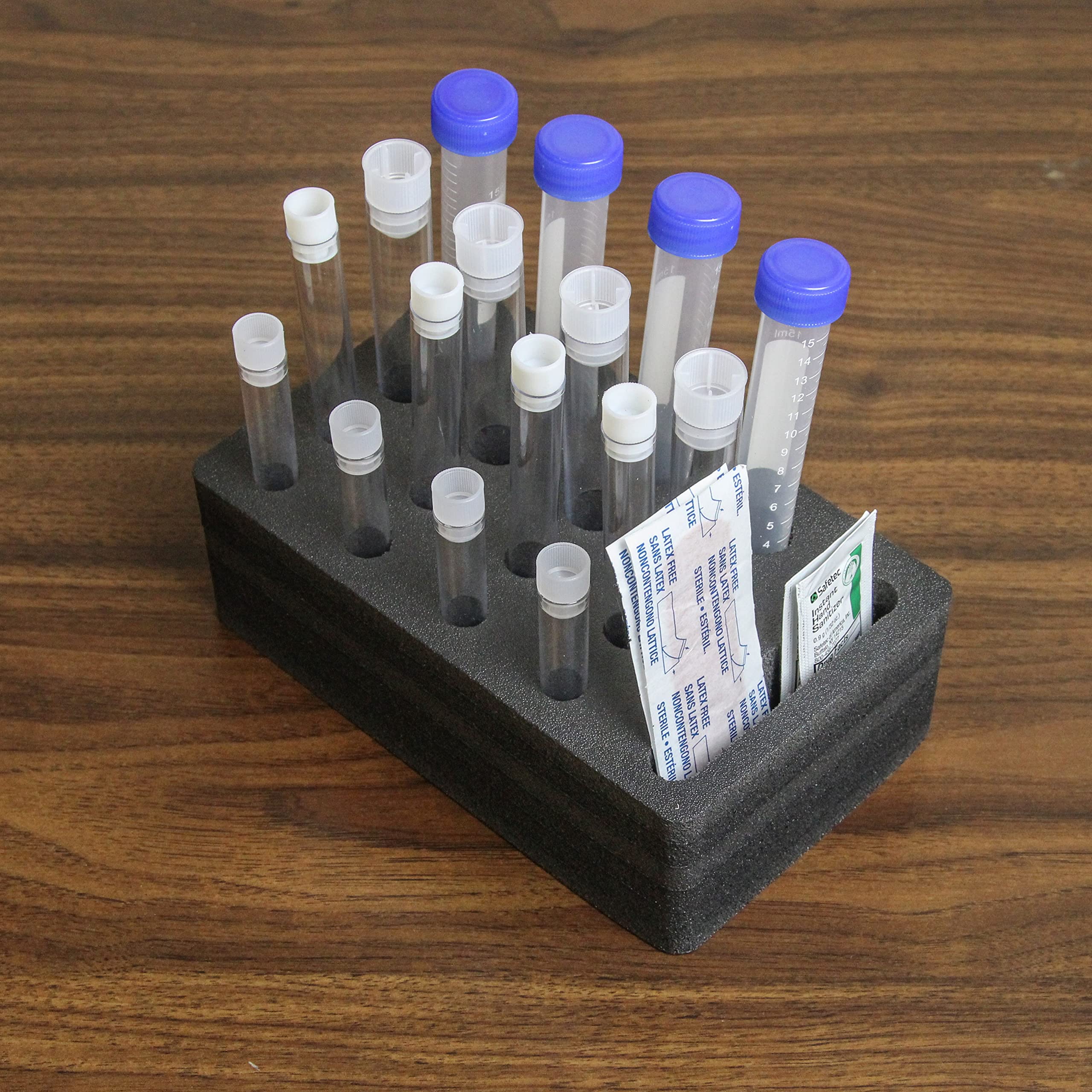 Polar Whale Personal Travel Test Tube Holder Rack Black Foam Lab Storage Supplies Organizer Compact Mini Stand Transport Holds 16 Tubes Fits up to 11mm 13mm 15mm 17mm Diameter