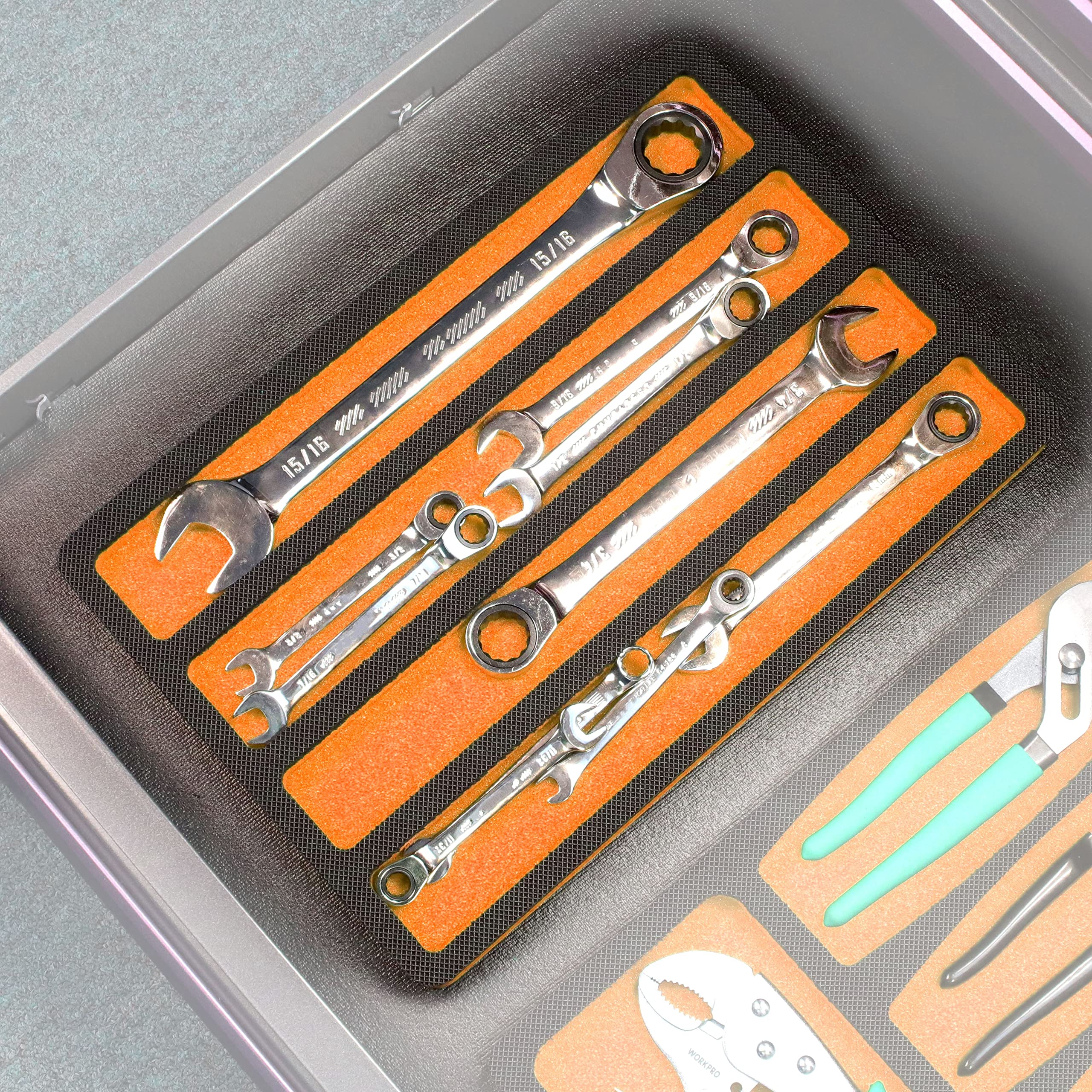 Polar Whale Tool Drawer Organizer Wrench Holder Insert Orange and Black Durable Foam Tray 15 x 10 Inches 4 Pockets Holds Wrenches Up to 14 Inches Long Fits Craftsman Husky Kobalt Milwaukee and More