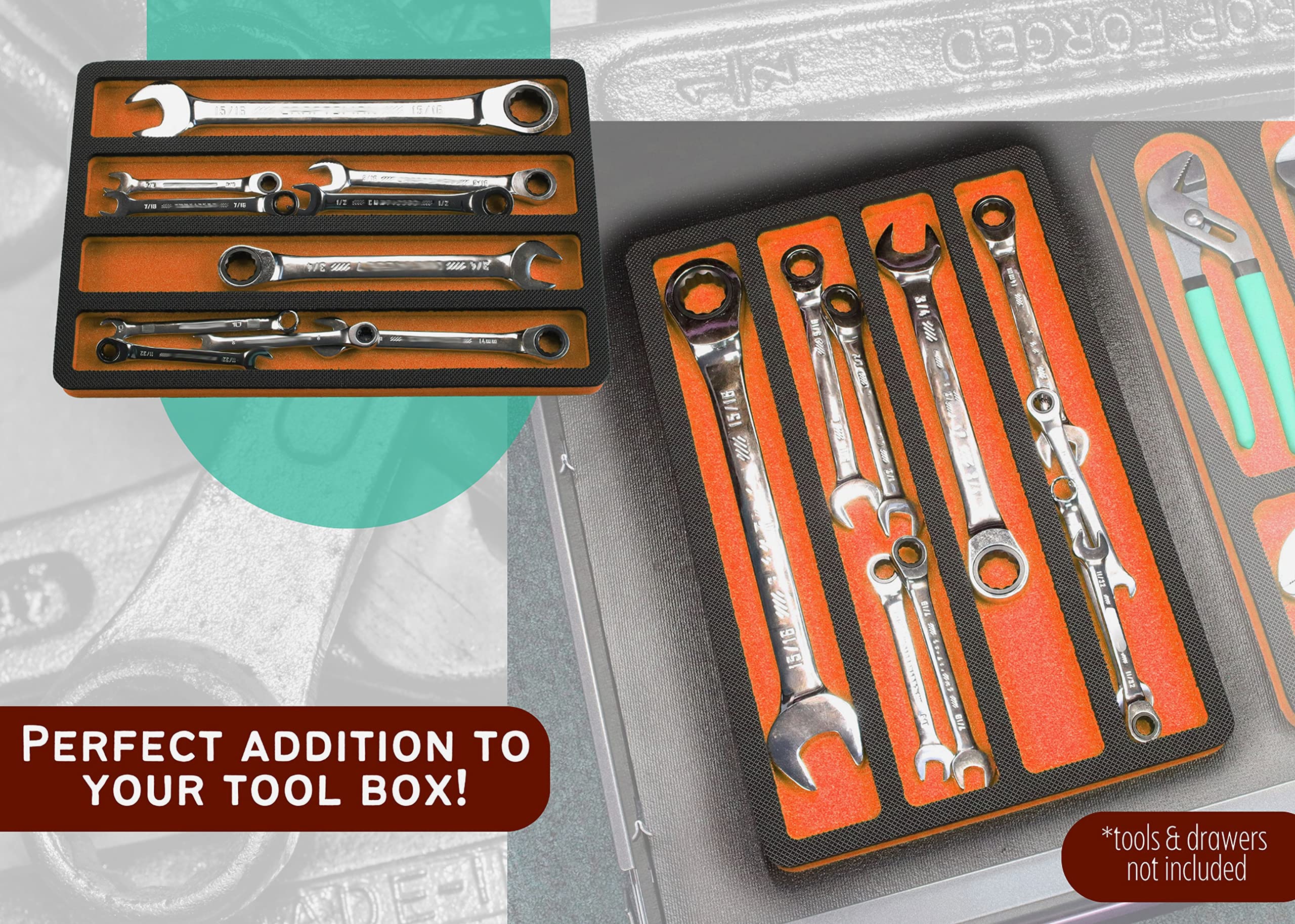 Polar Whale Tool Drawer Organizer Wrench Holder Insert Orange and Black Durable Foam Tray 15 x 10 Inches 4 Pockets Holds Wrenches Up to 14 Inches Long Fits Craftsman Husky Kobalt Milwaukee and More