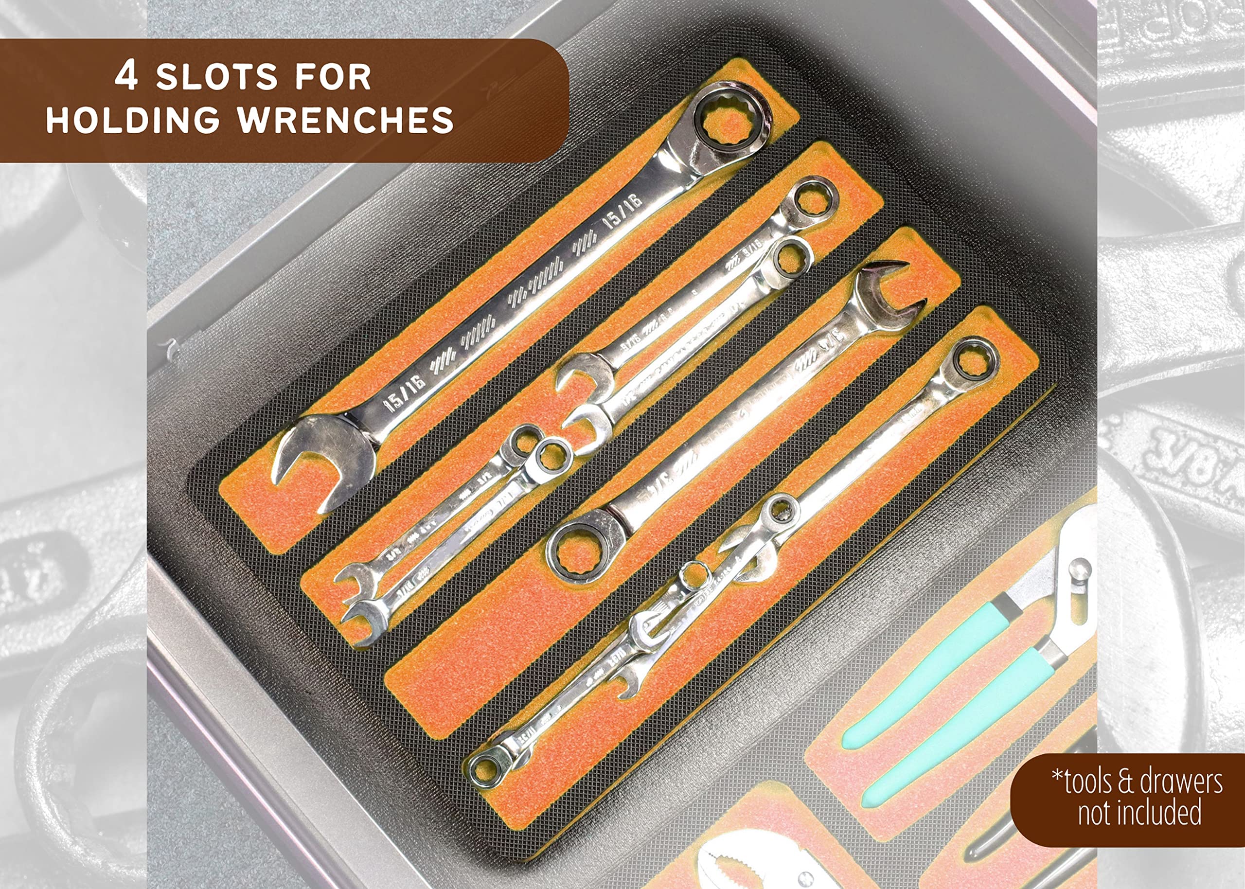 Polar Whale Tool Drawer Organizer Wrench Holder Insert Orange and Black Durable Foam Tray 15 x 10 Inches 4 Pockets Holds Wrenches Up to 14 Inches Long Fits Craftsman Husky Kobalt Milwaukee and More