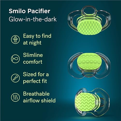 Smilo Baby Pacifier with Orthodontic Design for Healthy Dental Development - Stage 2 for Babies 3-9 Months - Pack of 3X 100% Silicone Pacifiers BPA Free - Glow-in-The-Dark