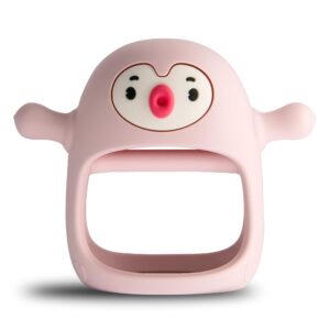 smily mia penguin buddy never drop silicone baby teething toy for 0-6month infants, baby chew toys for sucking needs, hand pacifier for breast feeding babies, car seat toy for new born,old roze