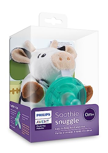 Philips Avent Soothie Snuggle Pacifier Holder with Detachable Pacifier, 0m+, Cow, SCF347/05