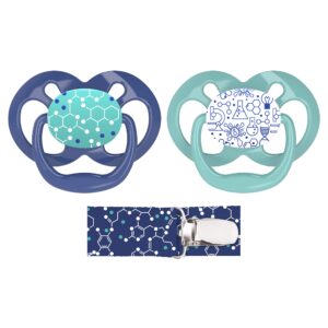 dr. brown's advantage 100% silicone baby paci symmetrical soother, 6-18m, bpa free, blue, 2 pack + clip