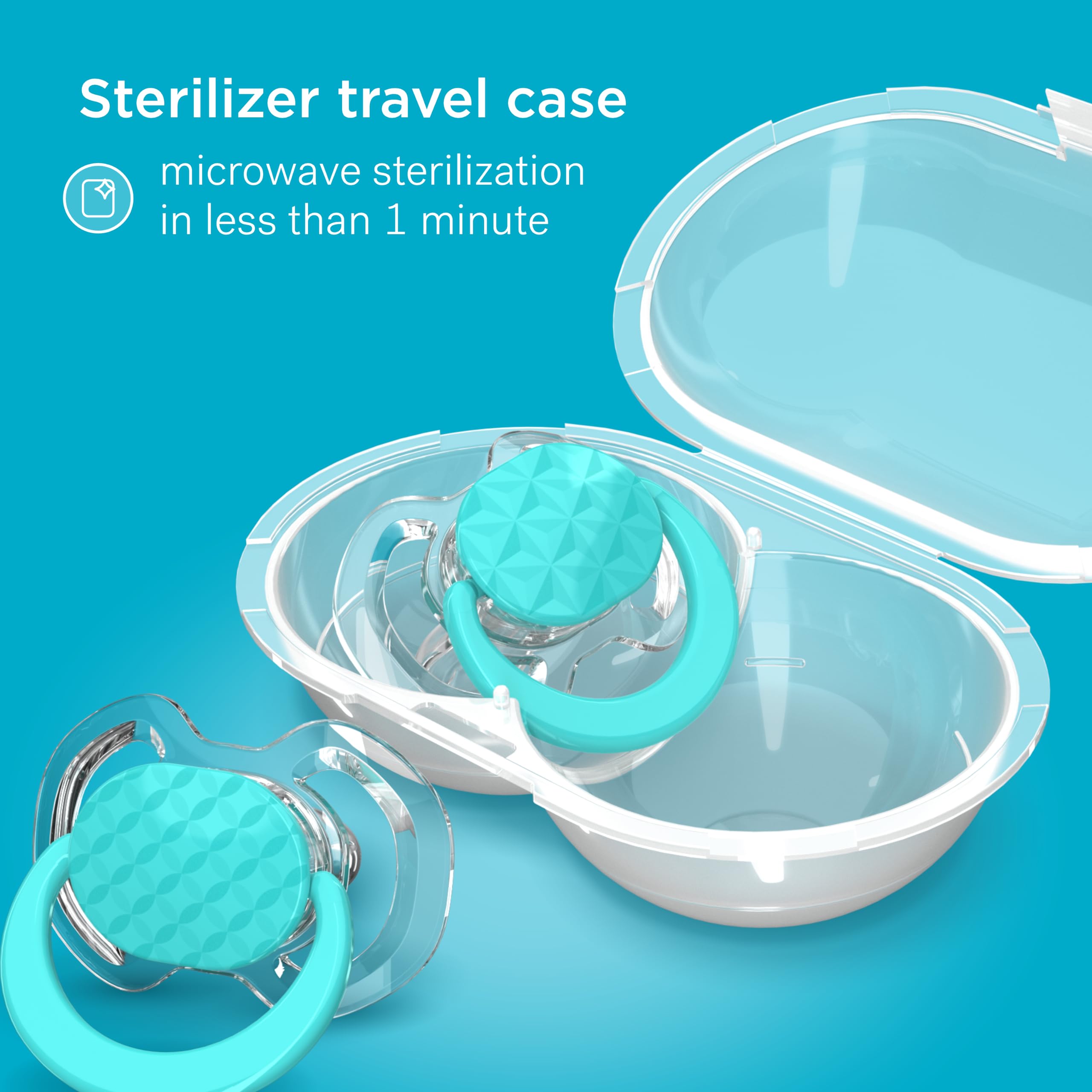 Smilo Baby Pacifier - 2 Pack of Slimline Pacifiers for Babies with Sterilization Box - Stage 3 for Babies 9+ Months - 100% Silicone Newborn Pacifiers BPA Free - Aqua Blue