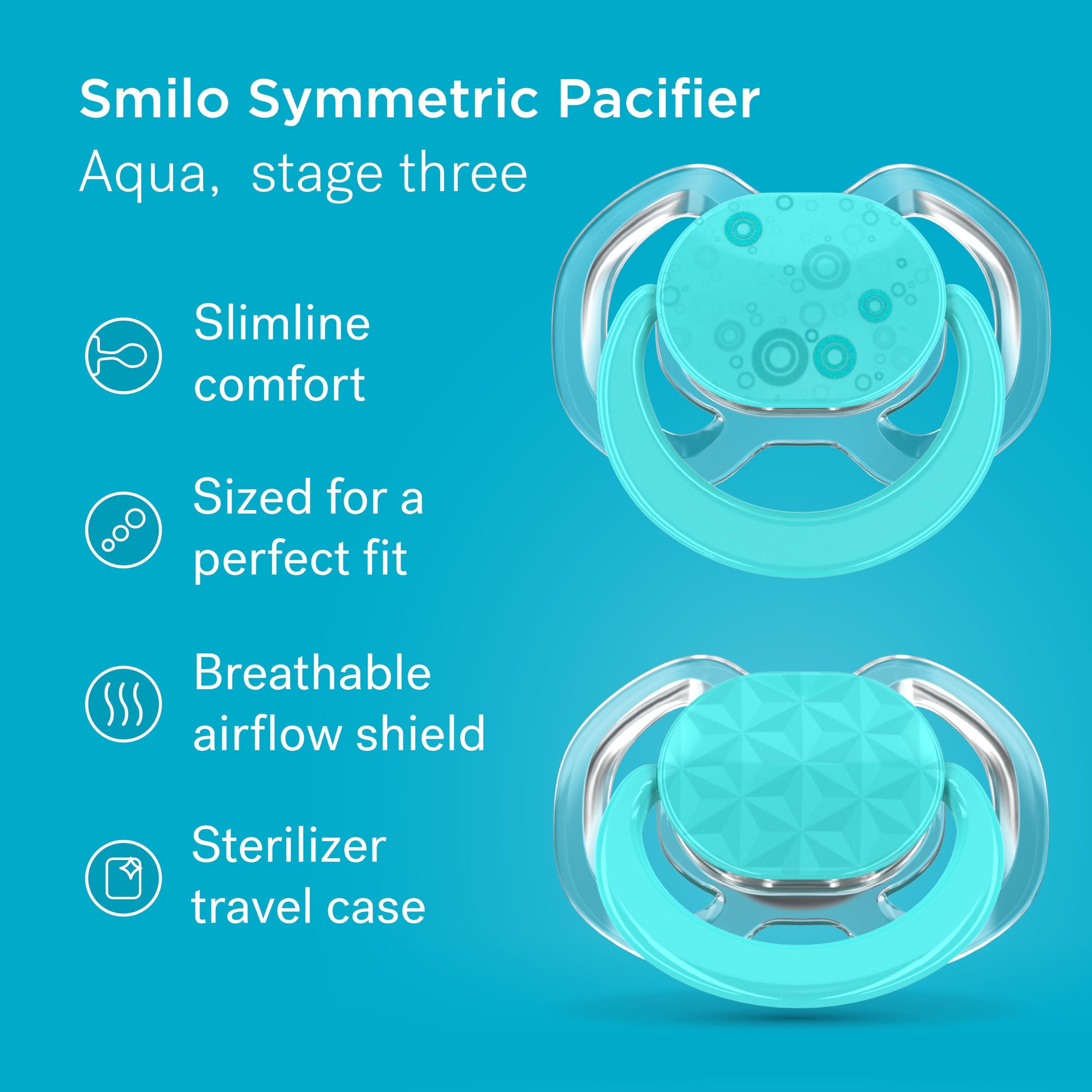 Smilo Baby Pacifier - 2 Pack of Slimline Pacifiers for Babies with Sterilization Box - Stage 3 for Babies 9+ Months - 100% Silicone Newborn Pacifiers BPA Free - Aqua Blue