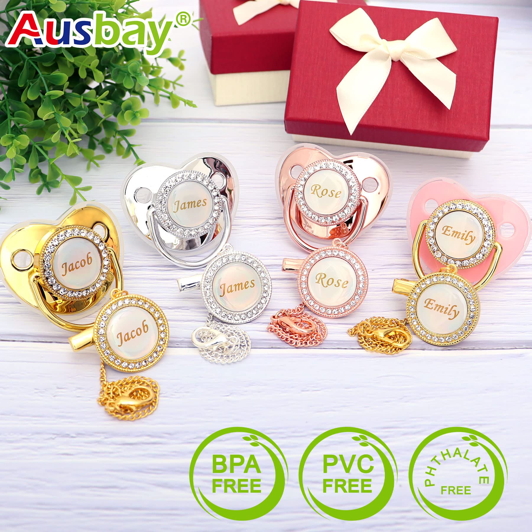 Personalized Pacifier Set with Name, BPA Free, Bling Gold Silver Pink Rose Gold Luxurious Ideal Gift for Newborns (Rose Gold)