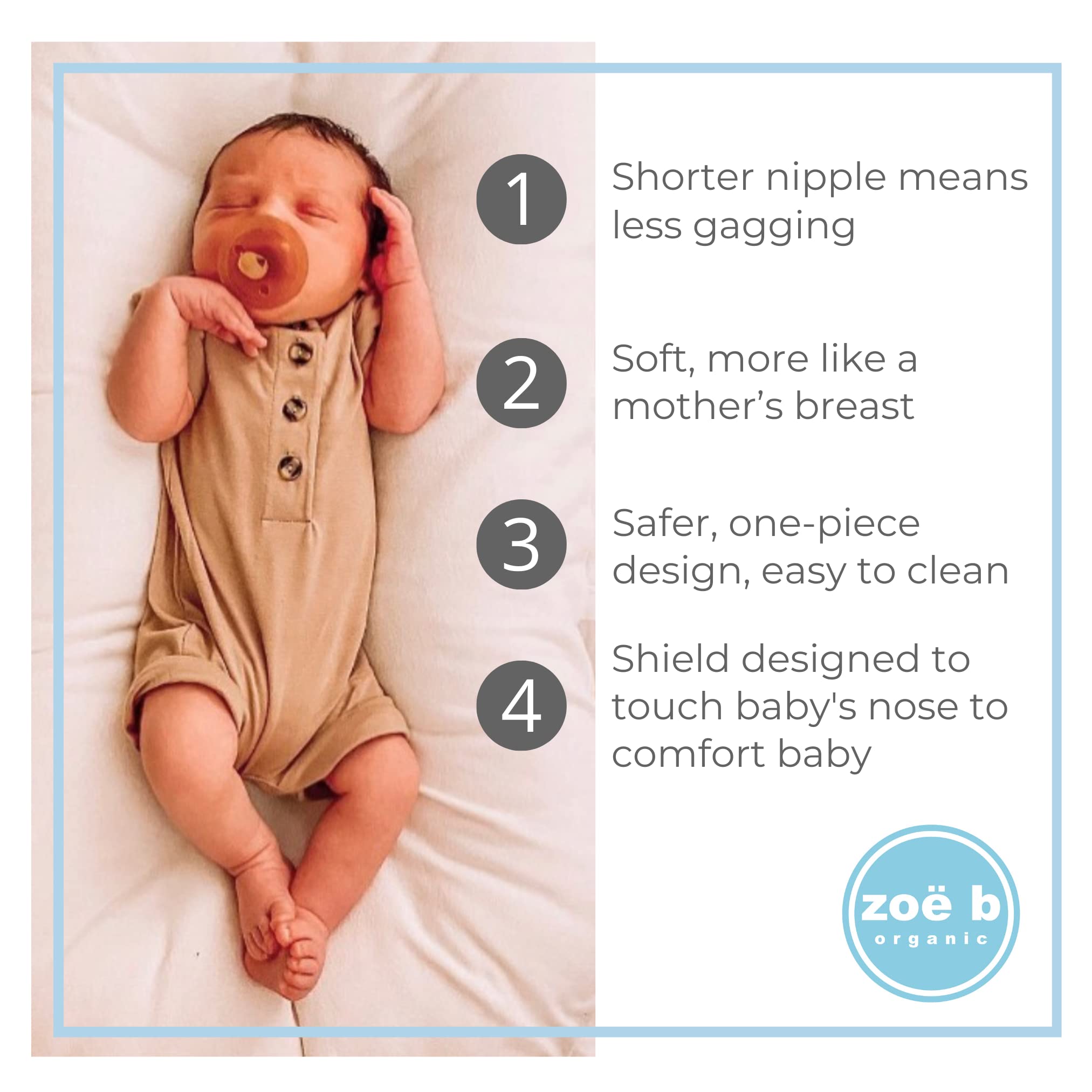 Symmetrical - Shorter Nipple Less Gagging - Small Newborn - Natural Rubber Pacifier - BPA-Free - Soft - Handcrafted in Italy