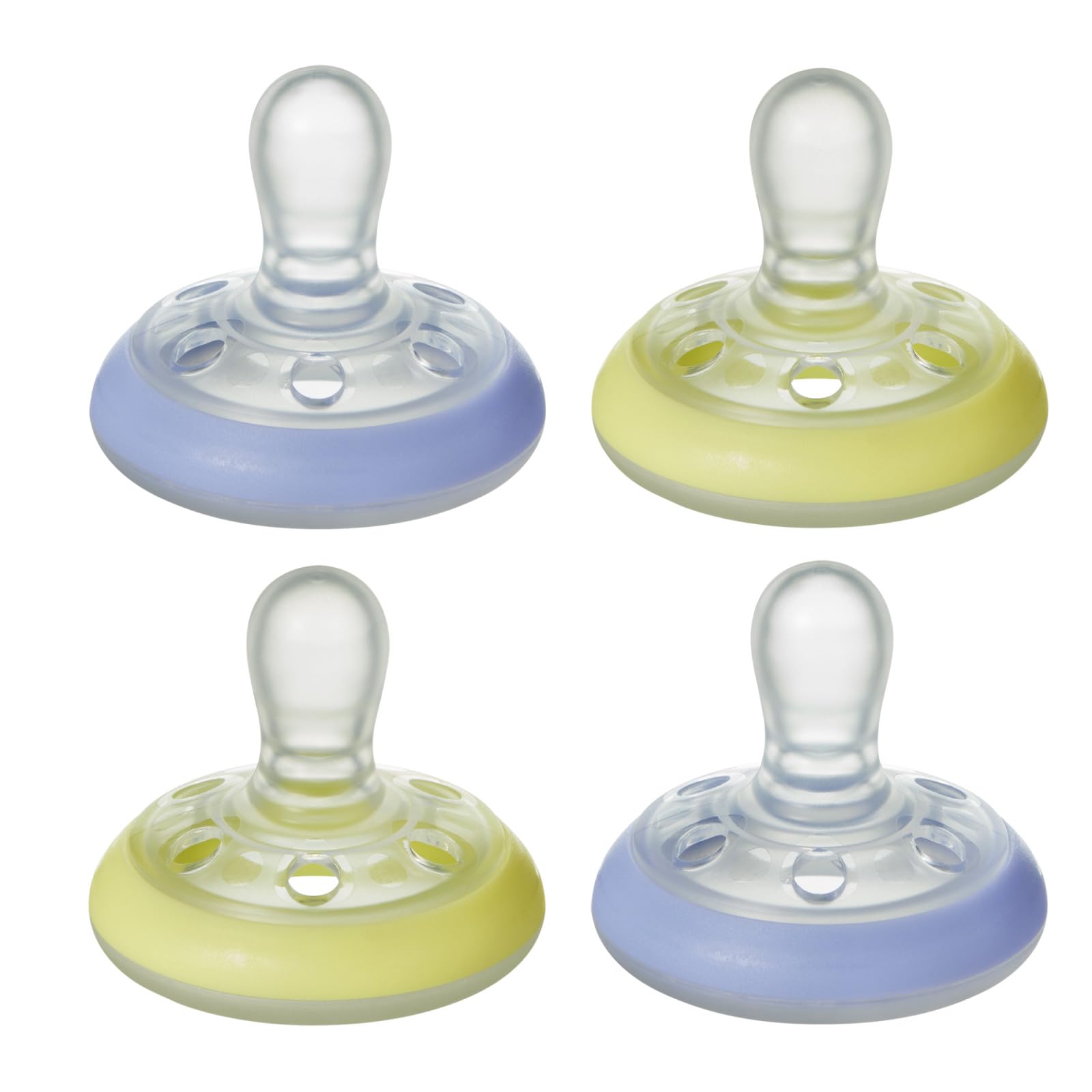 Tommee Tippee Breast-like night pacifier, 0-6 months with breast-like shape and glow in the dark technology, 4-Count, Blue/Yellow