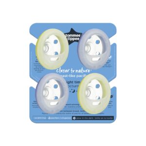 Tommee Tippee Breast-like night pacifier, 0-6 months with breast-like shape and glow in the dark technology, 4-Count, Blue/Yellow