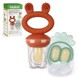 haakaa baby fruit food feeder & mini freezer nibble tray combo, breastmilk popsicle molds for baby cooling relief, bpa free silicone feeder for safe infant self feeding, 4 month+ (copper)