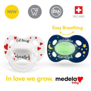 Medela Baby Pacifier | Day and Night Glow in The Dark | 6-18 Months | 2-Pack, Lightweight | BPA-Free | Supports Natural Suckling | Eat Local and 24/7 Milkbar