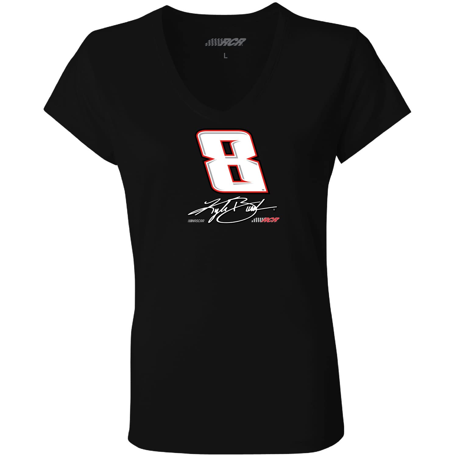 Checkered Flag Sports Kyle Busch Women's Name/Number #8 Ladies V-Neck T-Shirt Black (as1, Alpha, l, Regular, Regular)