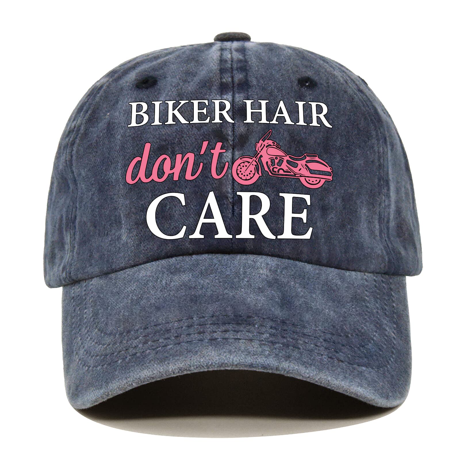 Pishovi Biker Hair Don't Care Distressed Washed Blue Baseball Cap, Vintage Adjustable Cotton Cap, Retirement Gift for Women, Biker Cap for Mom BFFF, Birthday for Motorcycle Enthusiast