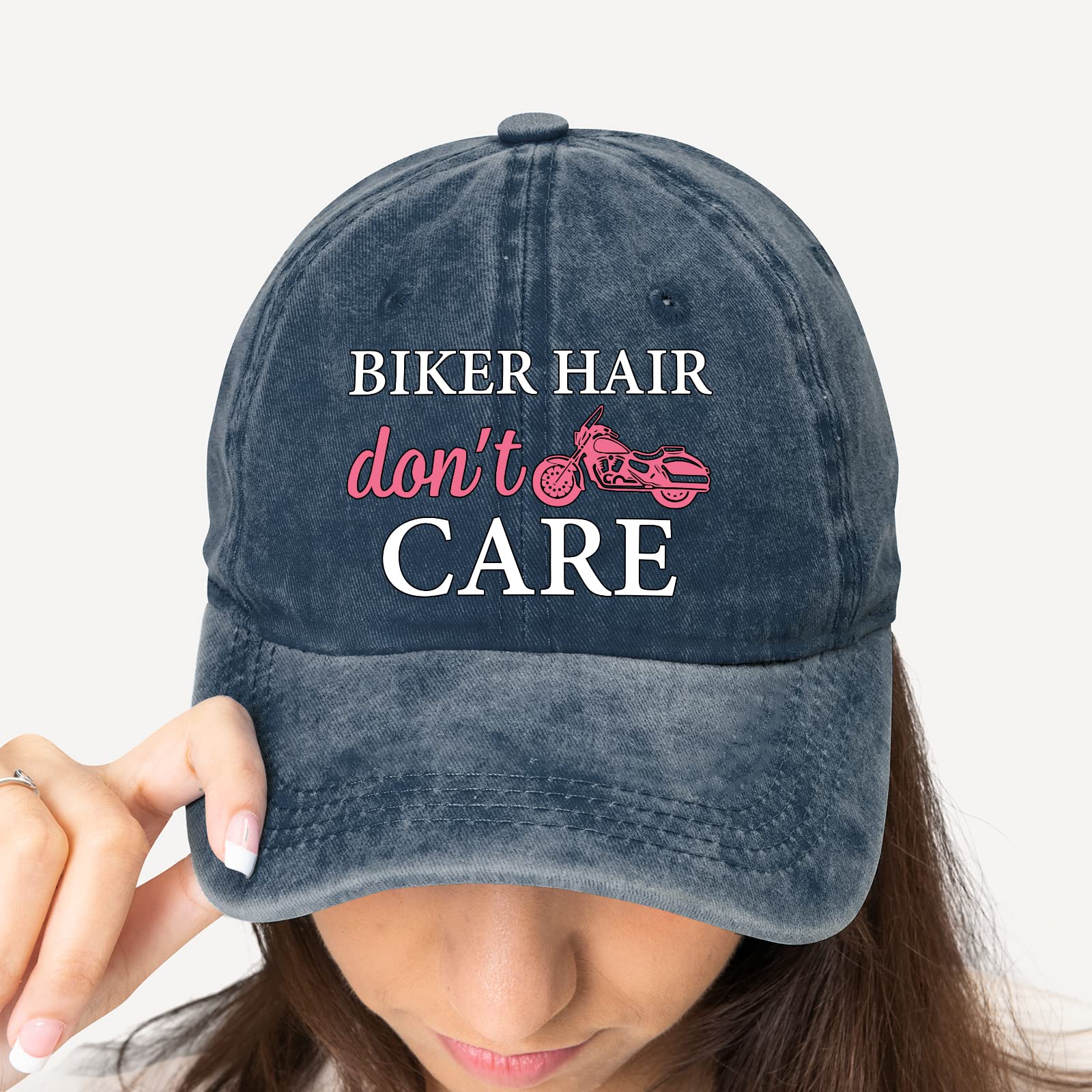 Pishovi Biker Hair Don't Care Distressed Washed Blue Baseball Cap, Vintage Adjustable Cotton Cap, Retirement Gift for Women, Biker Cap for Mom BFFF, Birthday for Motorcycle Enthusiast