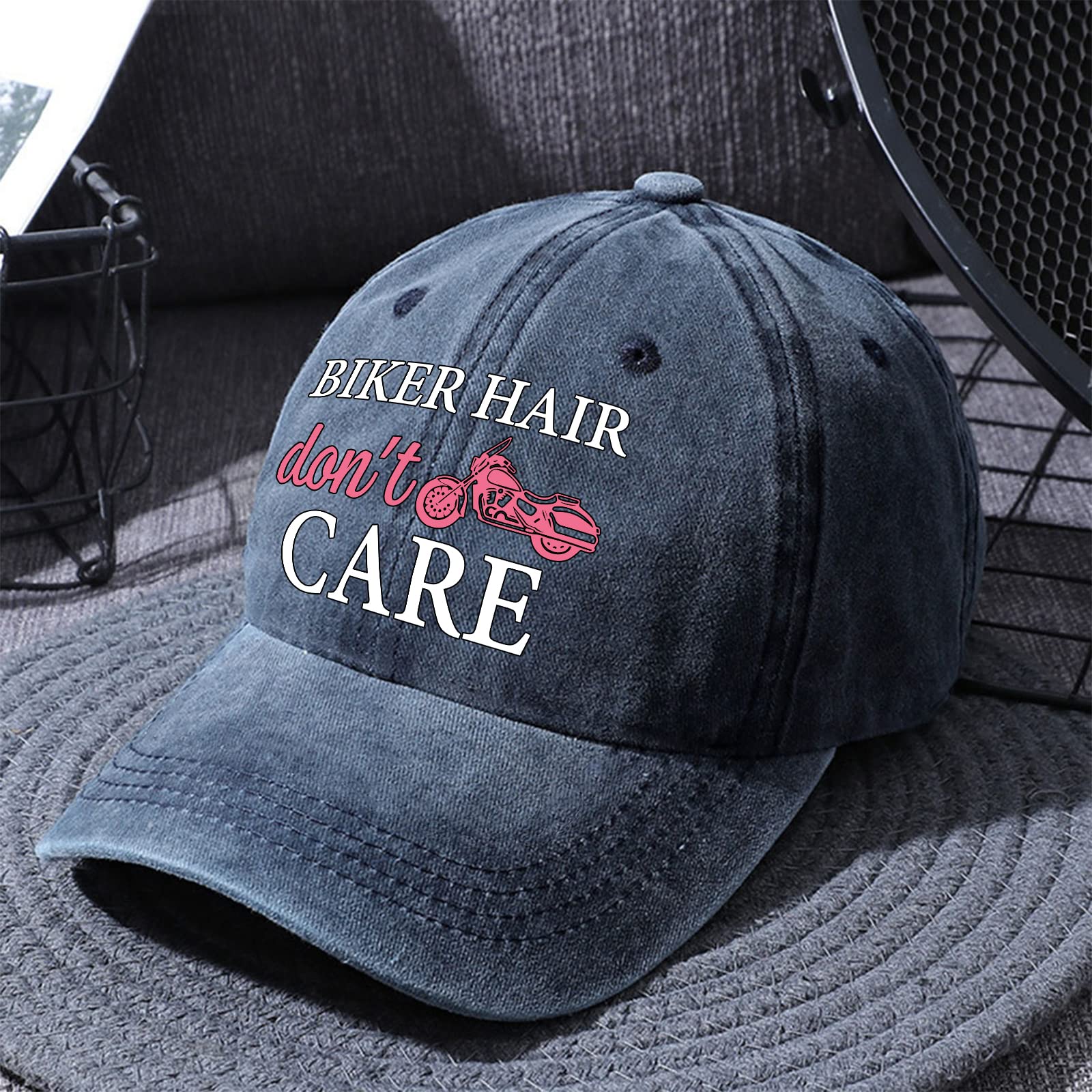 Pishovi Biker Hair Don't Care Distressed Washed Blue Baseball Cap, Vintage Adjustable Cotton Cap, Retirement Gift for Women, Biker Cap for Mom BFFF, Birthday for Motorcycle Enthusiast