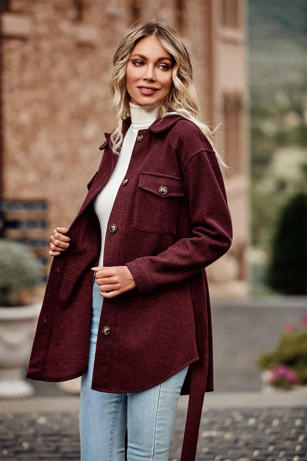 PRETTYGARDEN Women's Fall Fashion Winter Trench Coats Lapel Button Down Peacoat Belted Outerwear Casual Jackets (Wine Red,X-Large)