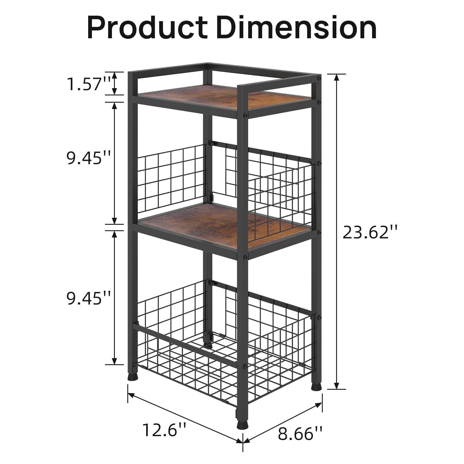 Walmokid 3 Tier Side Table for Small Spaces, End Table with Open Shelf for Storage, Small Narrow Table, Wooden End Table with Metal Frame for Bedroom, Easy Assembly(Vintage Brown,23.6' H)