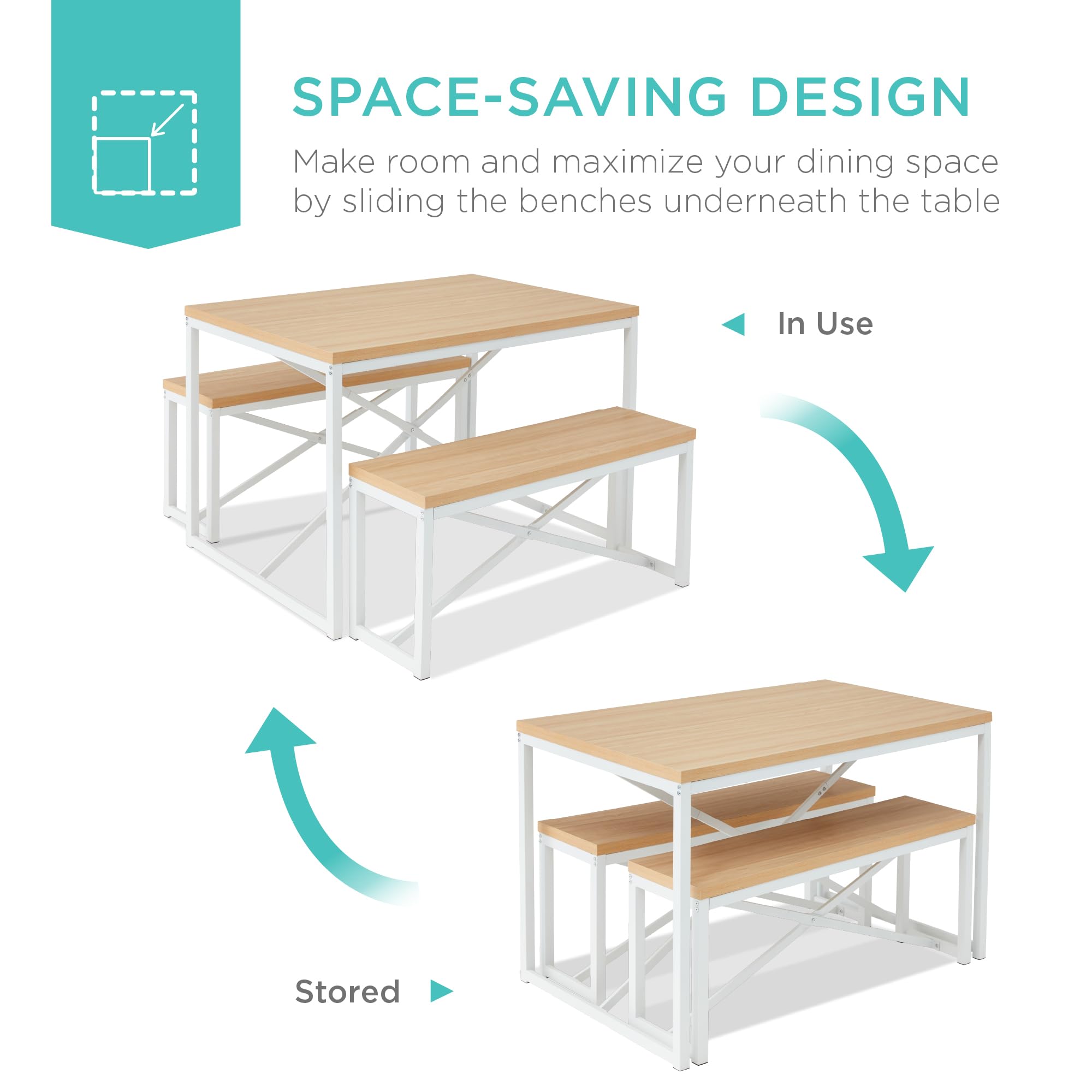 Best Choice Products 45.5in 3-Piece Bench Style Dining Furniture Set, 4-Person Space-Saving Dinette for Kitchen, Dining Room w/ 2 Benches, Table - Oak/White