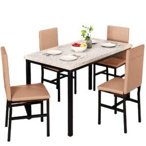 hooseng dining table set for 4, space saving kitchen table and chairs set of 4, 5 pieces faux marble dinette dining room furniture set with 4 leather chairs for small space, khaki