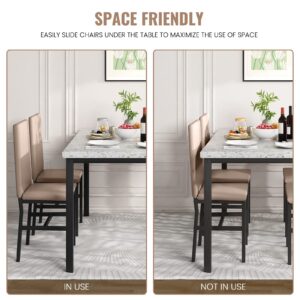 Hooseng Dining Table Set for 4, Space Saving Kitchen Table and Chairs Set of 4, 5 Pieces Faux Marble Dinette Dining Room Furniture Set with 4 Leather Chairs for Small Space, Khaki