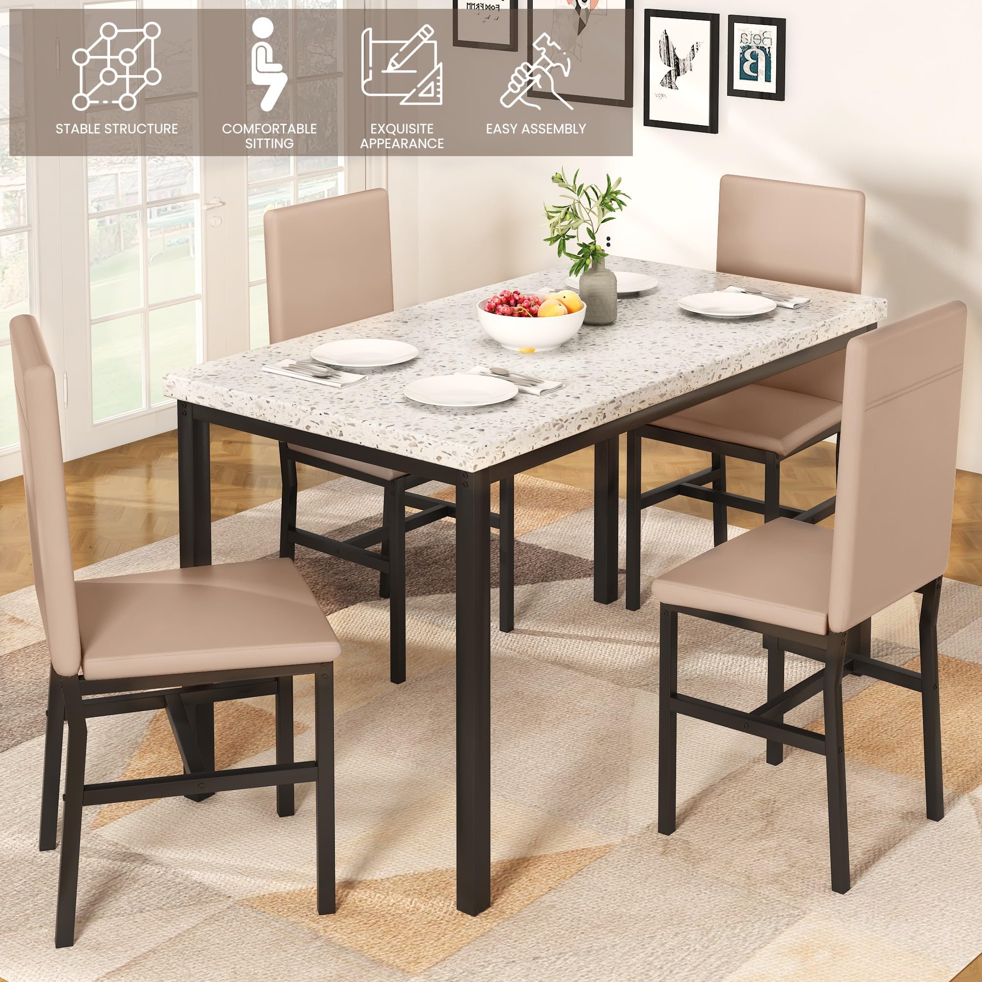 Hooseng Dining Table Set for 4, Space Saving Kitchen Table and Chairs Set of 4, 5 Pieces Faux Marble Dinette Dining Room Furniture Set with 4 Leather Chairs for Small Space, Khaki