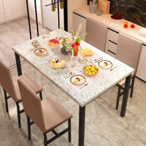 Hooseng Dining Table Set for 4, Space Saving Kitchen Table and Chairs Set of 4, 5 Pieces Faux Marble Dinette Dining Room Furniture Set with 4 Leather Chairs for Small Space, Khaki