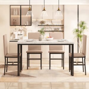 Hooseng Dining Table Set for 4, Space Saving Kitchen Table and Chairs Set of 4, 5 Pieces Faux Marble Dinette Dining Room Furniture Set with 4 Leather Chairs for Small Space, Khaki