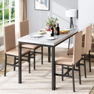 Hooseng Dining Table Set for 4, Space Saving Kitchen Table and Chairs Set of 4, 5 Pieces Faux Marble Dinette Dining Room Furniture Set with 4 Leather Chairs for Small Space, Khaki