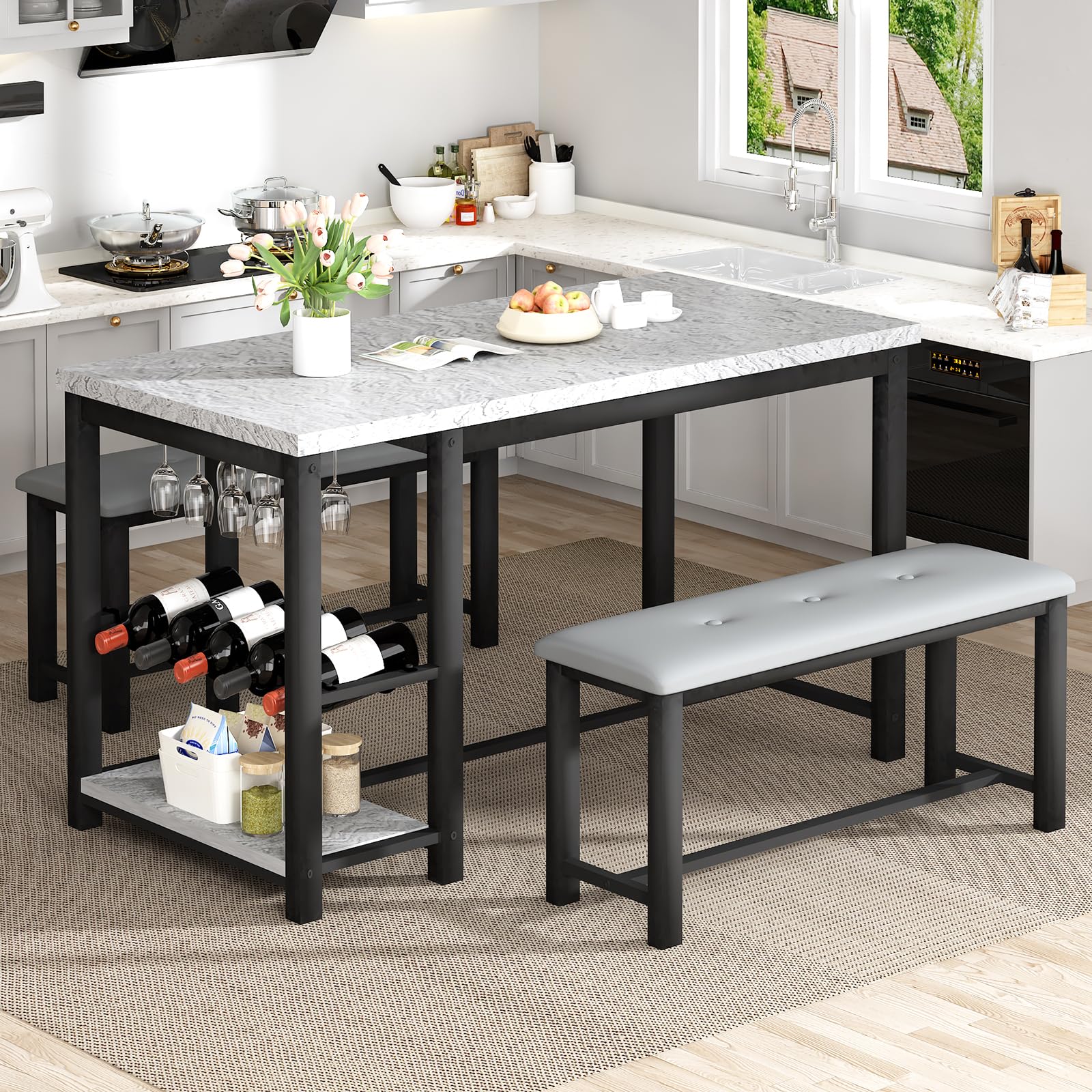 DKLGG Dining Table Set for 2-4, Small Kitchen Table with Wine Rack & Storage Shelves & Wine Glass Holder, Dining Room Table Dinner Table with 2 PU Leather Upholstered Benches (Special Gray)