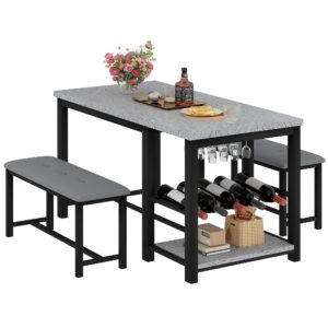 DKLGG Dining Table Set for 2-4, Small Kitchen Table with Wine Rack & Storage Shelves & Wine Glass Holder, Dining Room Table Dinner Table with 2 PU Leather Upholstered Benches (Special Gray)