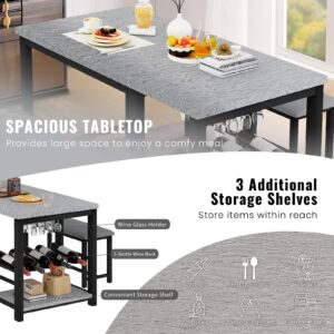 DKLGG Dining Table Set for 2-4, Small Kitchen Table with Wine Rack & Storage Shelves & Wine Glass Holder, Dining Room Table Dinner Table with 2 PU Leather Upholstered Benches (Special Gray)