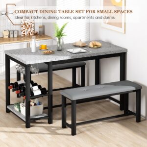 DKLGG Dining Table Set for 2-4, Small Kitchen Table with Wine Rack & Storage Shelves & Wine Glass Holder, Dining Room Table Dinner Table with 2 PU Leather Upholstered Benches (Special Gray)