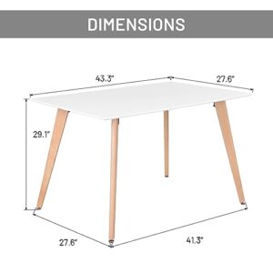 FurnitureR Rectangular 43.3 Inch for 4-6 People Modern Functional White Table with Stable Solid Wood Legs for Home Office Kitchen Dining Room Small Spaces