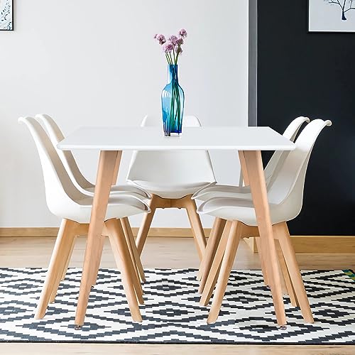 FurnitureR Rectangular 43.3 Inch for 4-6 People Modern Functional White Table with Stable Solid Wood Legs for Home Office Kitchen Dining Room Small Spaces