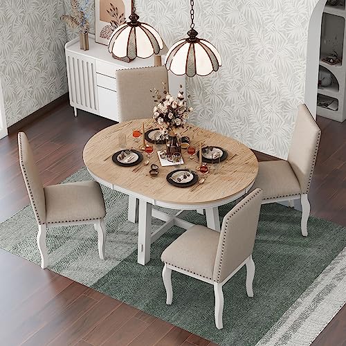 Dinehome 5-Piece Farmhouse Wooden Round Extendable Dining Table Set with 4 Upholstered Chairs, Oak Natural Wood + Antique White