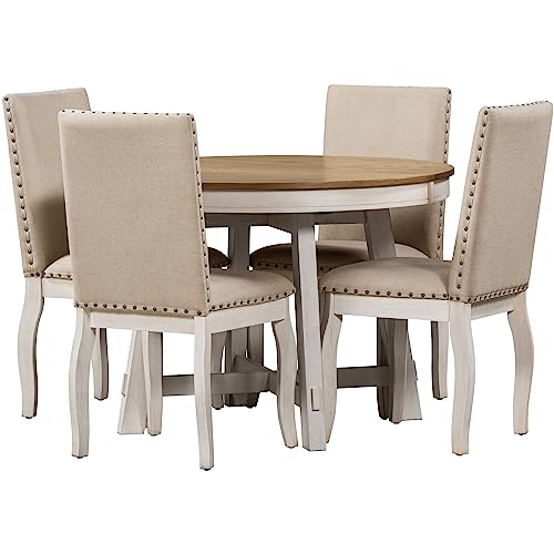 Dinehome 5-Piece Farmhouse Wooden Round Extendable Dining Table Set with 4 Upholstered Chairs, Oak Natural Wood + Antique White