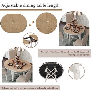 Dinehome 5-Piece Farmhouse Wooden Round Extendable Dining Table Set with 4 Upholstered Chairs, Oak Natural Wood + Antique White
